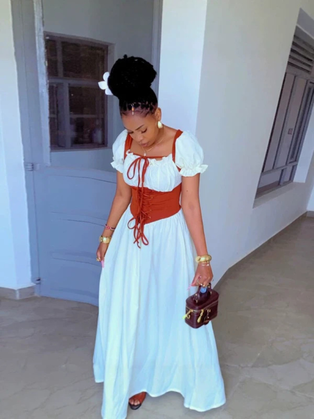 African Retro Square Neck Puff Sleeve Fitted Maxi Dress Women Chic